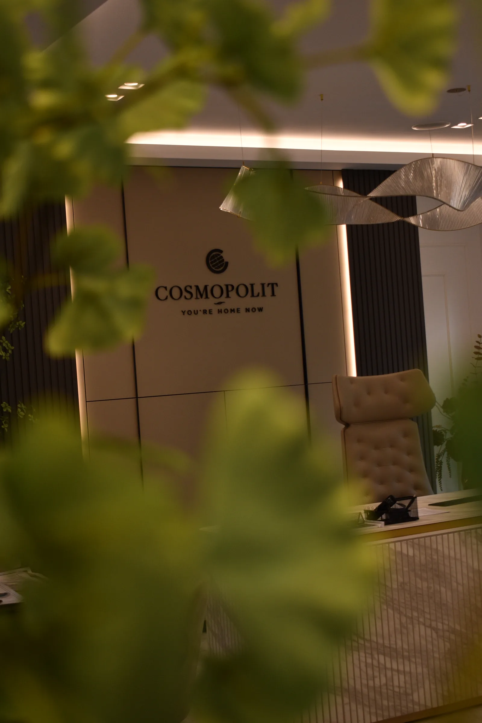 Logo-ul Cosmopolit de la recepție, văzut printre frunzele amenajării Blooming din Brașov
